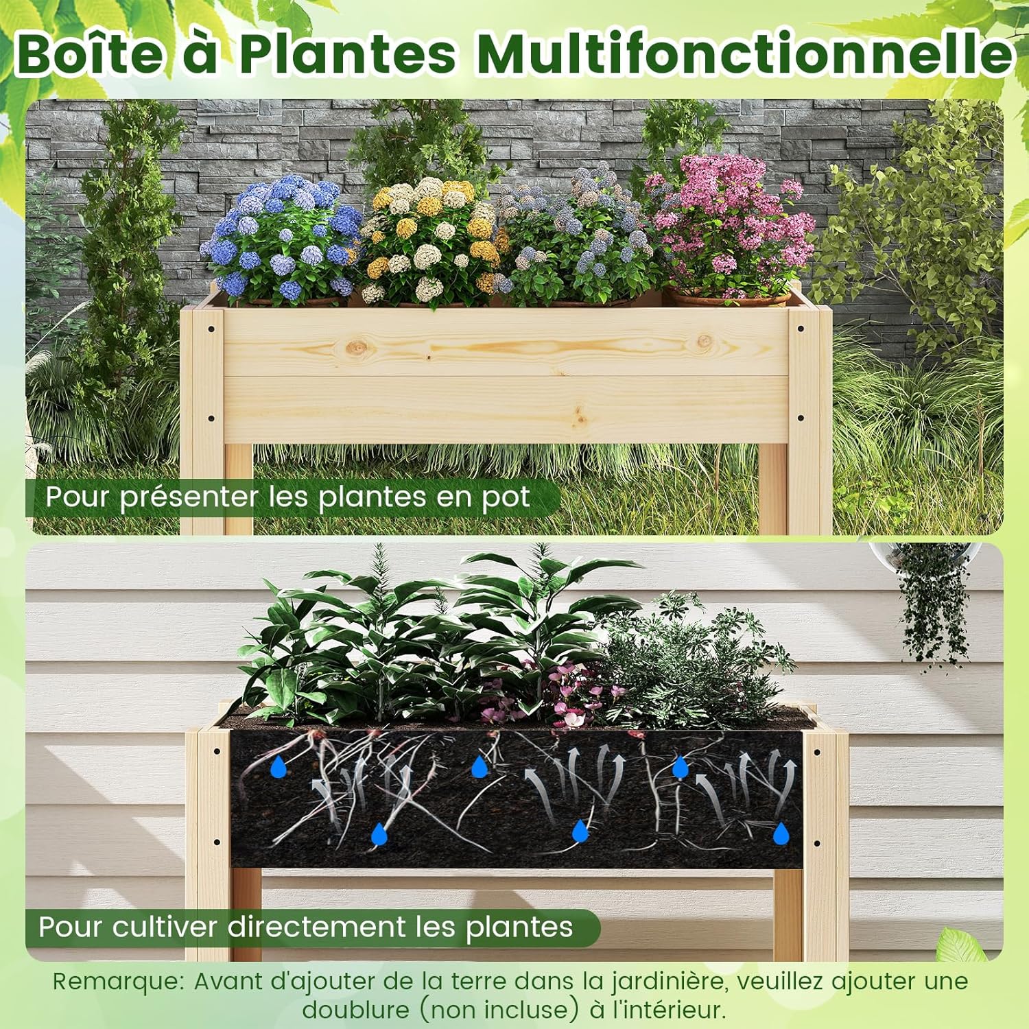 Jardinière Surélevée en Bois avec Pieds, Lit de Jardin avec Étagère de Rangement et Trous de Drainage, Conteneur (81 x 37 x 77 cm) - 6