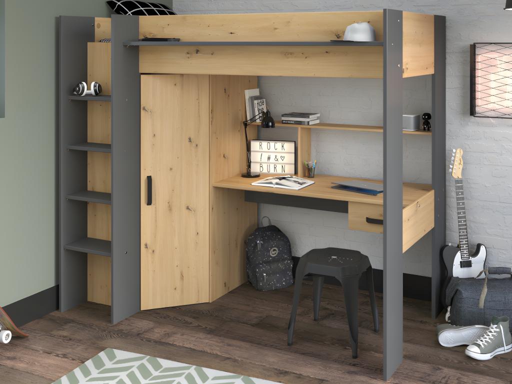 Lit mezzanine avec bureau et armoire - 90 x 200 cm - Coloris : Chêne et