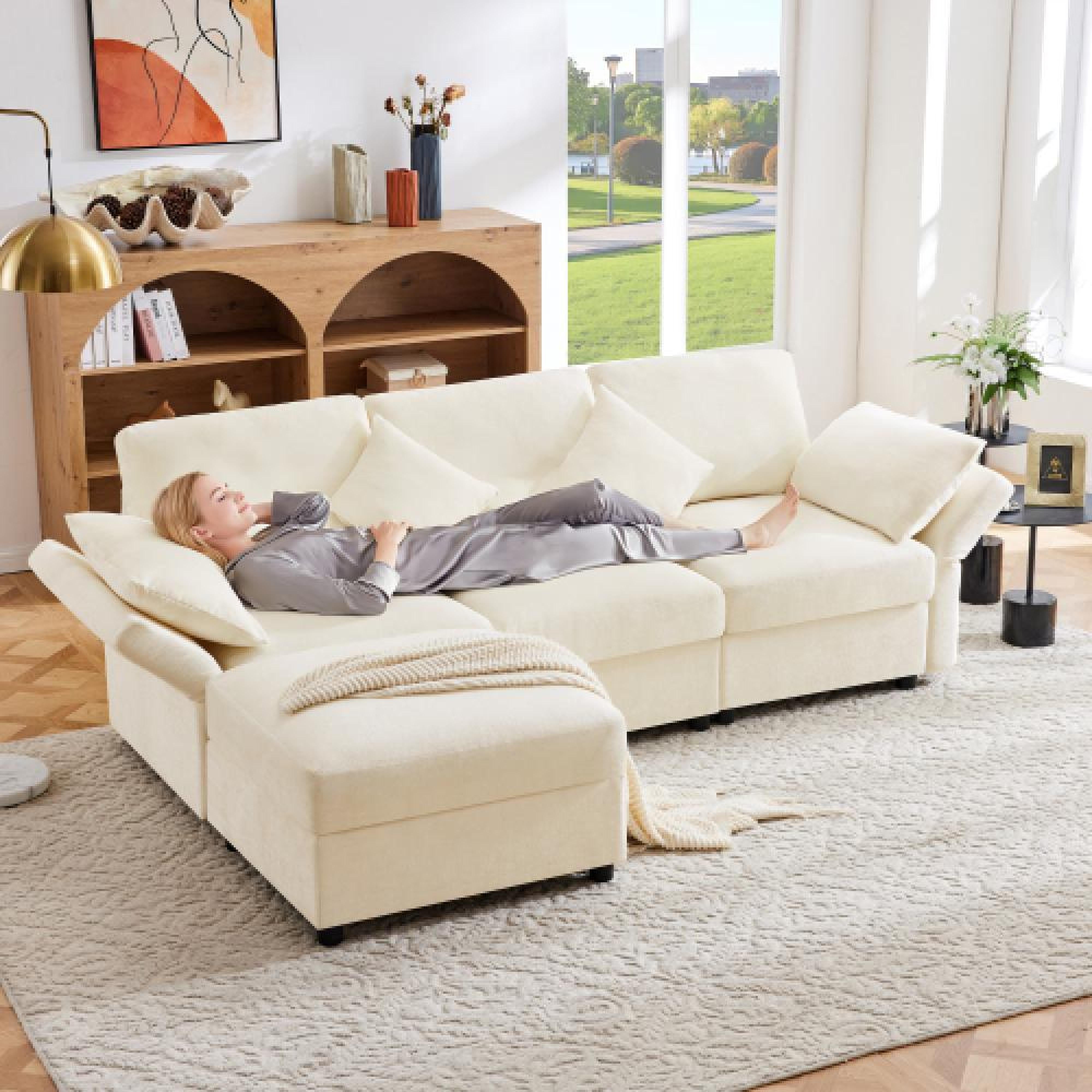 KOMHTOM Canapé Convertible 2 Places, Canapé-lit Multifonctionnel, Dossier Réglable à 3 Positions, Accoudoirs Réglables à 6 Positions, Pour Salon, Chambre à Coucher (Beige