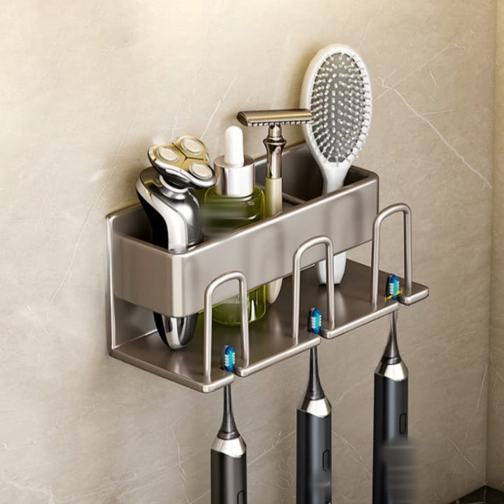Szary, ścienny uchwyt na szczoteczki do zębów – łazienkowe pudełko do przechowywania – nie wymaga wiercenia – wytrzymały metal – 20×7,5×8 cm