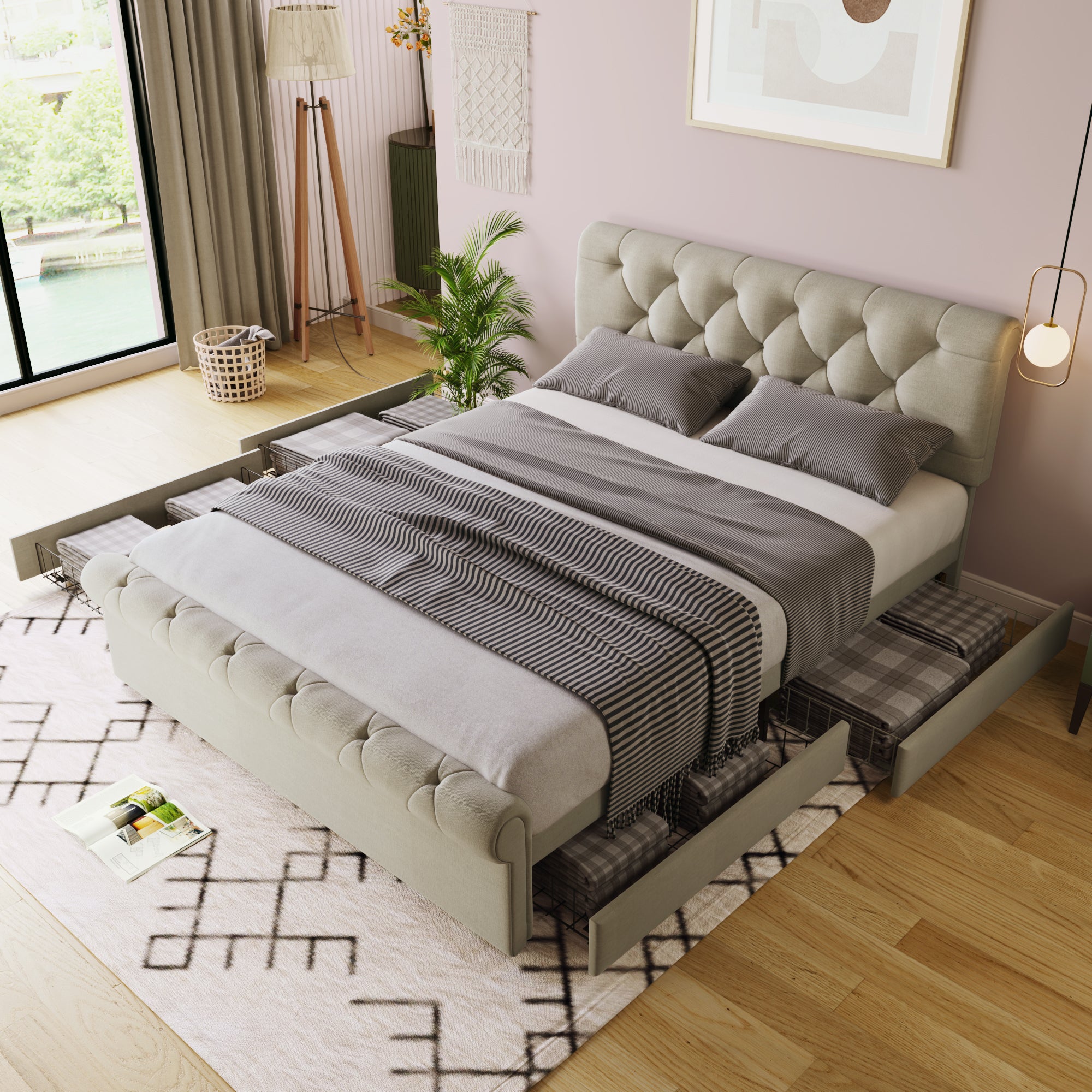 Letto Matrimoniale Imbottito 140x200 Cm Con LED E Cassetto – Beige – Struttura In Legno E Tessuto – Senza Materasso - 4