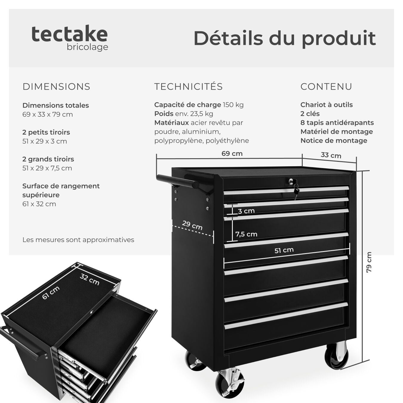 Servante d'atelier en acier avec 7 compartiments 69 x 33 x 79 cm TECTAKE - 6