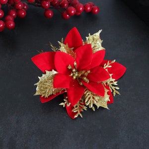 12 Fleurs Artificielles Rouges Pour Sapin De Noël - Avec Clips De Fixation - Décorations Scintillantes Pour Couronne, Cheminée, Centre De Table
