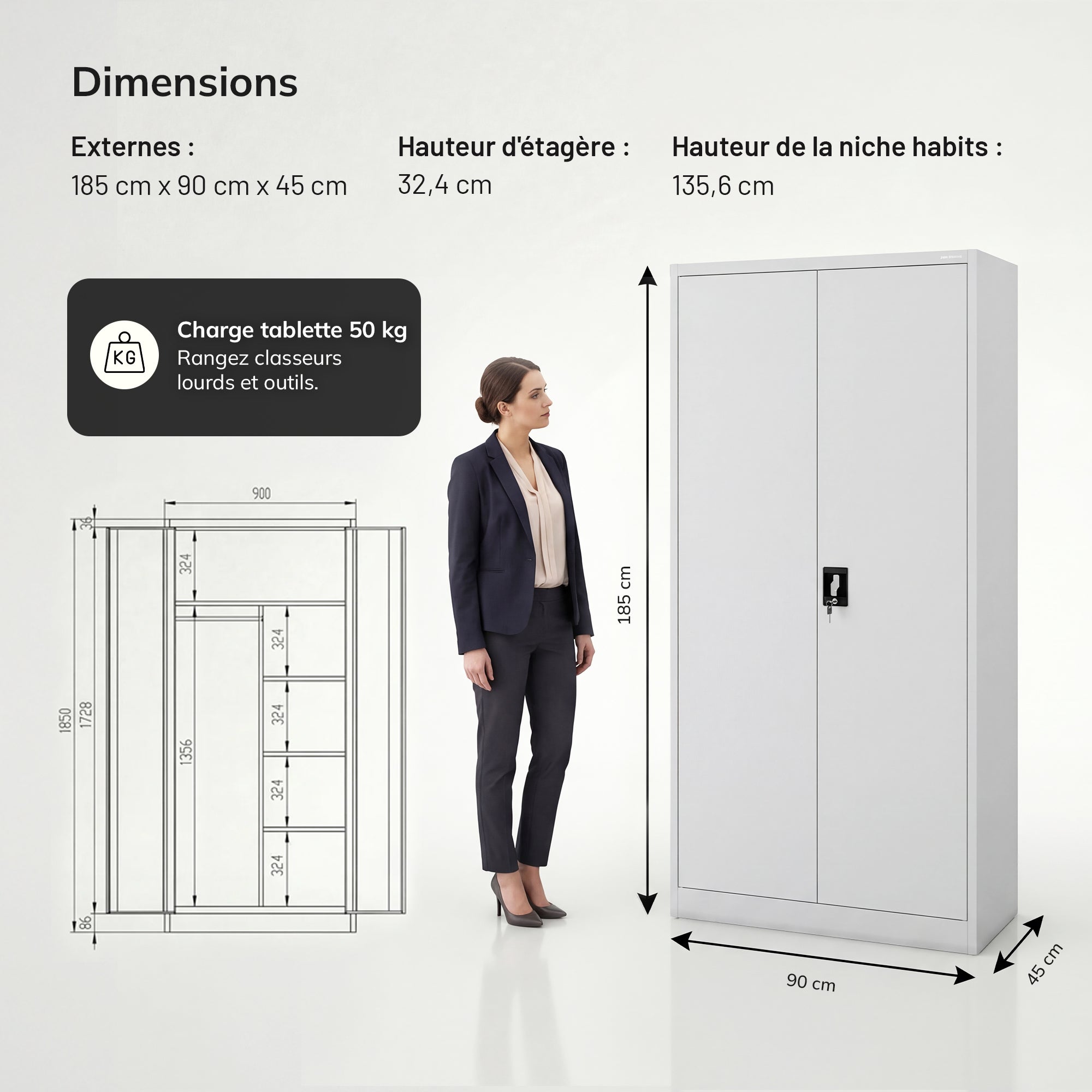 Armoire de Bureau de Rangement en Métal Verrouillable Gris 185 cm x 90 cm x 45 cm - 6