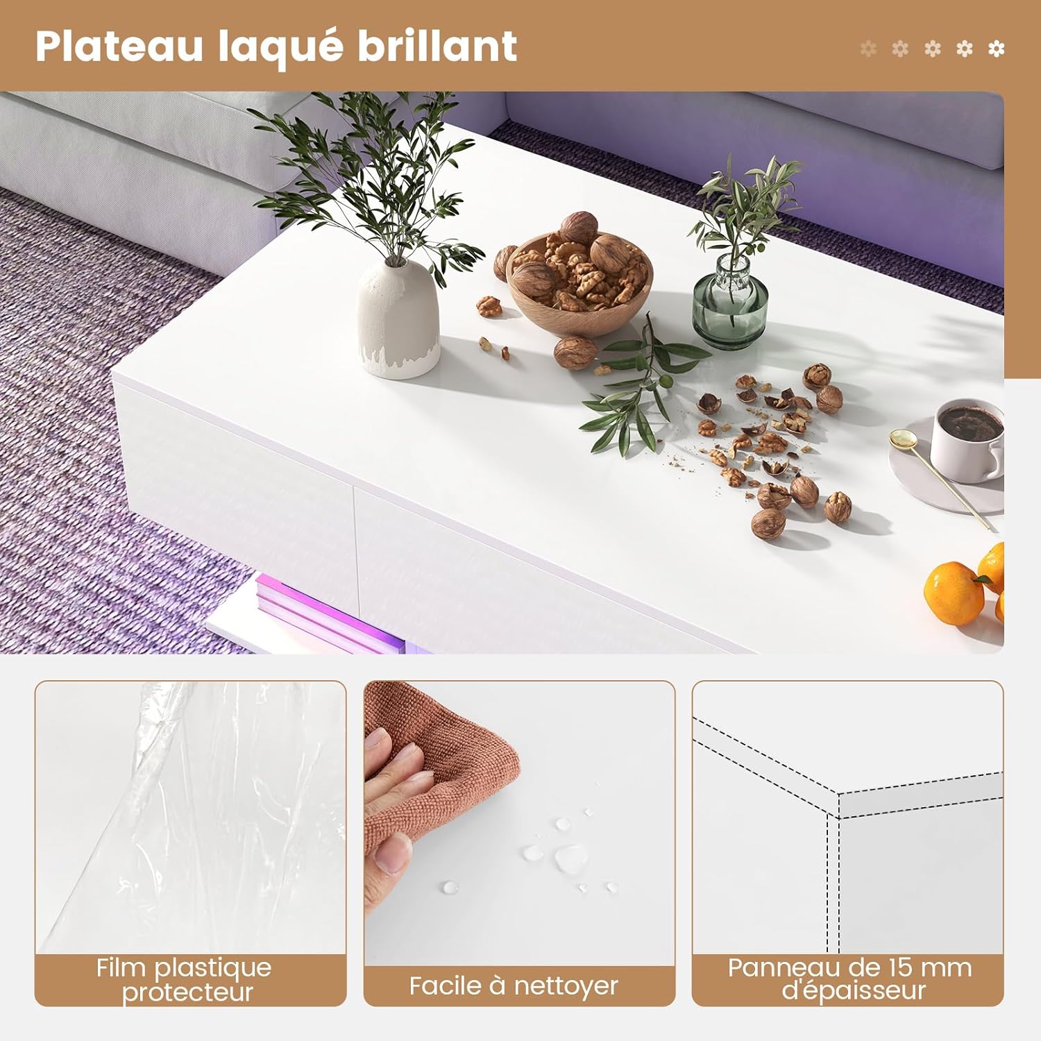 Tavolino da Caffè Moderno, Tavolino a 2 Piani con 20 Luci LED a Colori, 2 Cassetti Portaoggetti e Finitura Lucida, Tavolino Rettangolare per S - 5