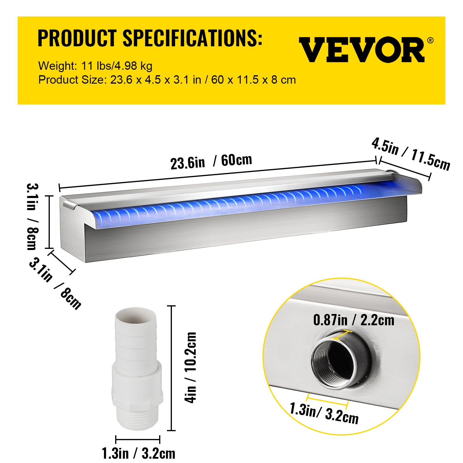 Fontaine de Piscine VEVOR à LED en Acier Inox 60 cm, Cascade Décorative avec Télécommande et Bande LED, pour Piscine ou Bassin de Jardin - 7