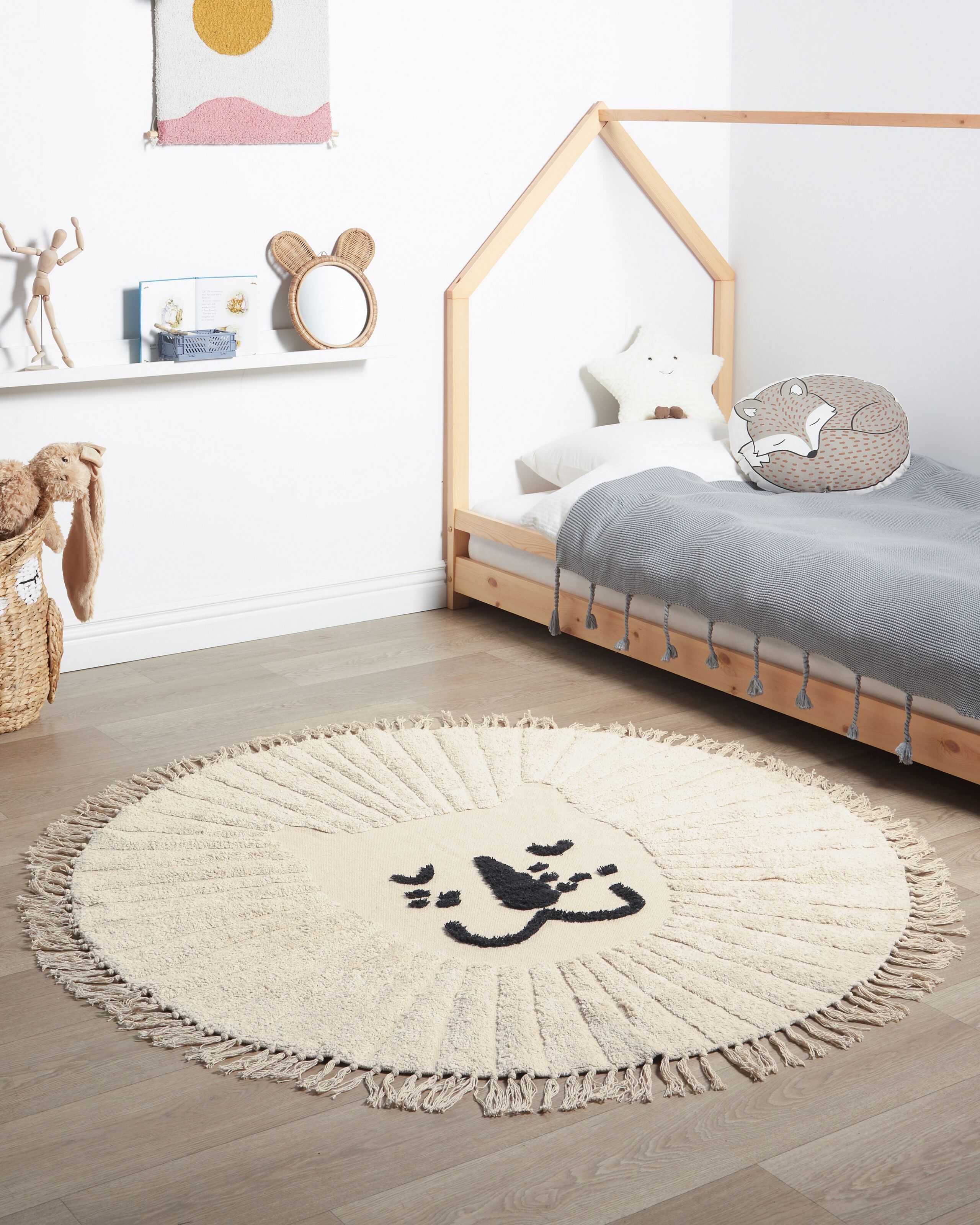 Beliani alfombra de algodón beige motivo león ø 140 cm badhani