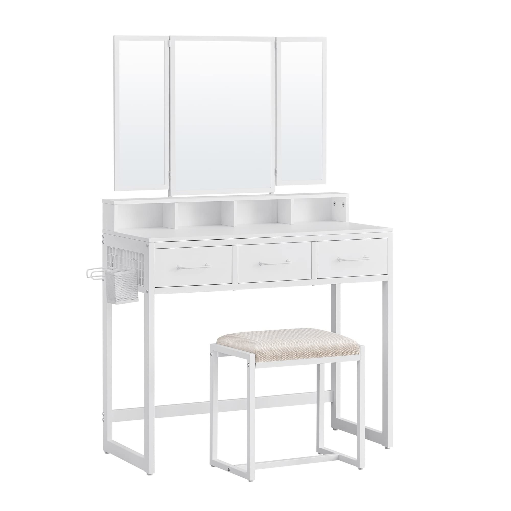 Leroy Merlin Tocador Con Espejo Triple, Taburete Acolchado Incluido, Soporte Para Secador, Con 3 Cajones, Mesa De Maquillaje, Blanco 