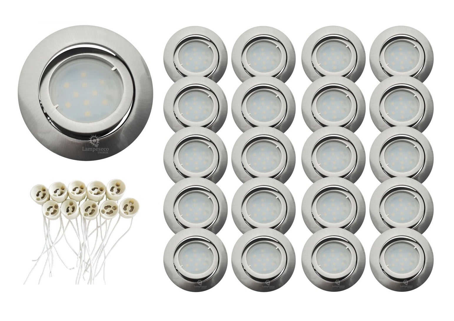 Lot De 20 Spots Encastrables GU10 Rond Nickel Brossé – Cadre Métal + Douille Céramique, Orientable 30°, Ø Découpe 68-80 Mm