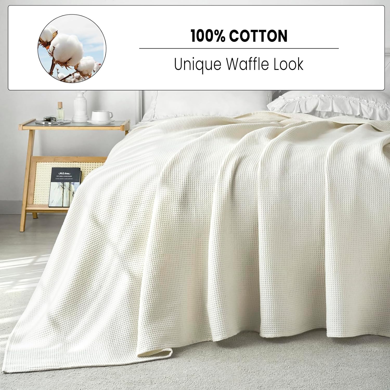 Couvre-lit 220x240cm 100% Coton Gaufré WOLTU - Jeté Canapé Léger - Dessus De Lit Décoratif - Crème/Gris