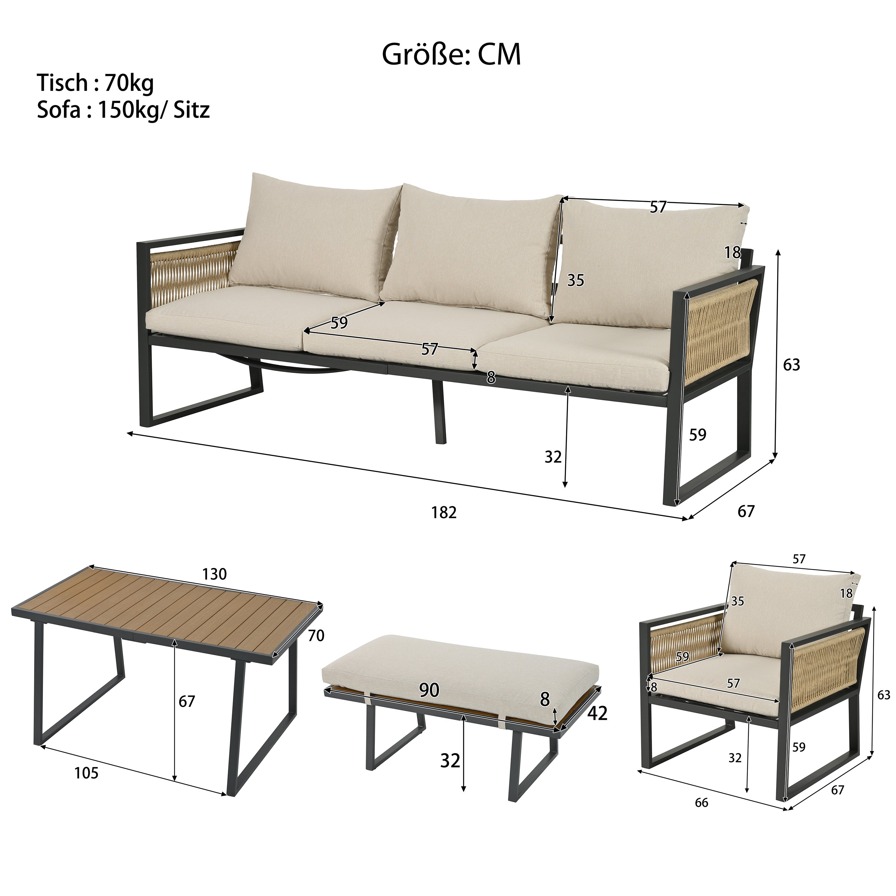 Salon de Jardin pour 6 personnes - structure acier galvanisé - ensemble de meubleus d'extérieur avec canapé 3 places + 2 fauteuils + table, beige - 3