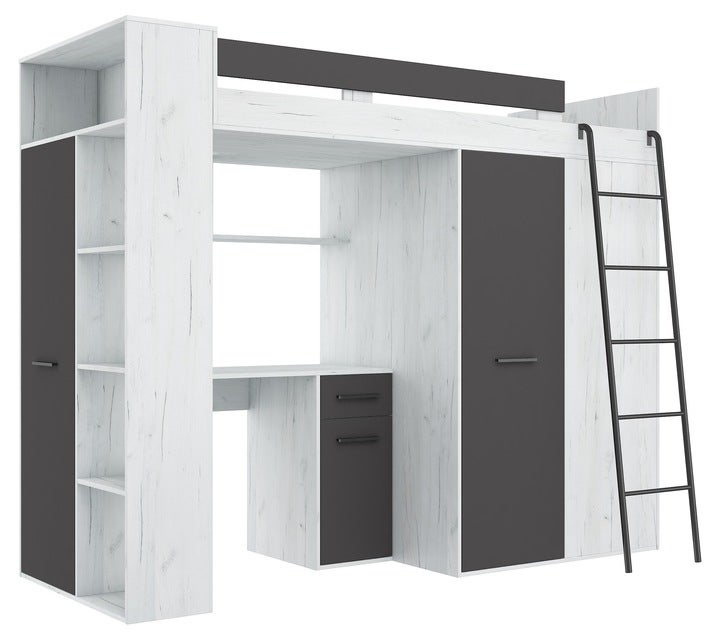 Lit Mezzanine 90x200cm avec échelle Placard, Bureau, bibliothèque et ...