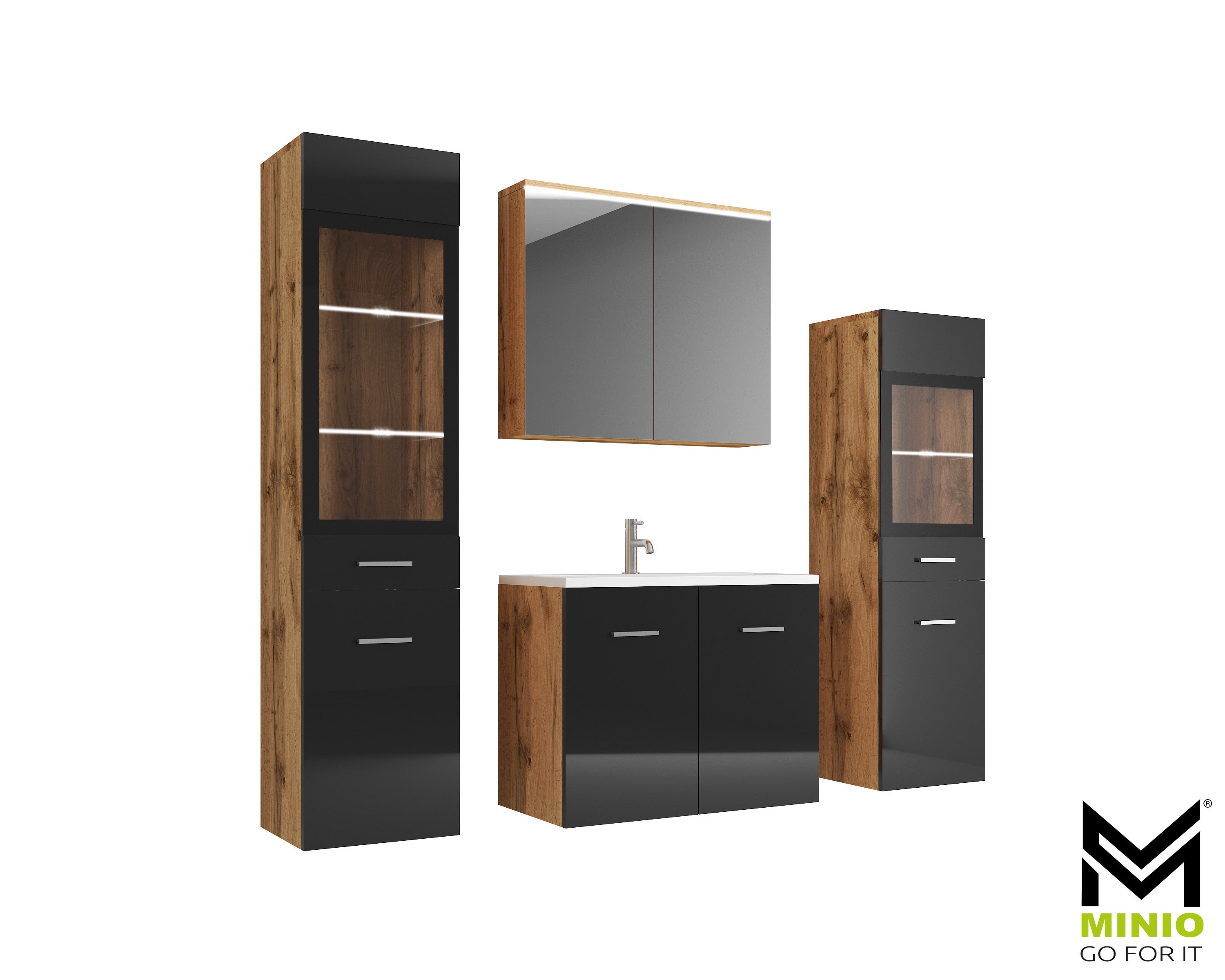 Meble łazienkowe dąb wotan/czarny połysk z LED-MARIT II
