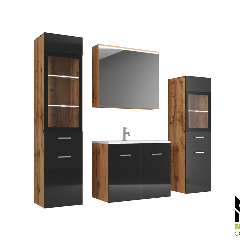 Meble łazienkowe dąb wotan/czarny połysk z LED-MARIT II