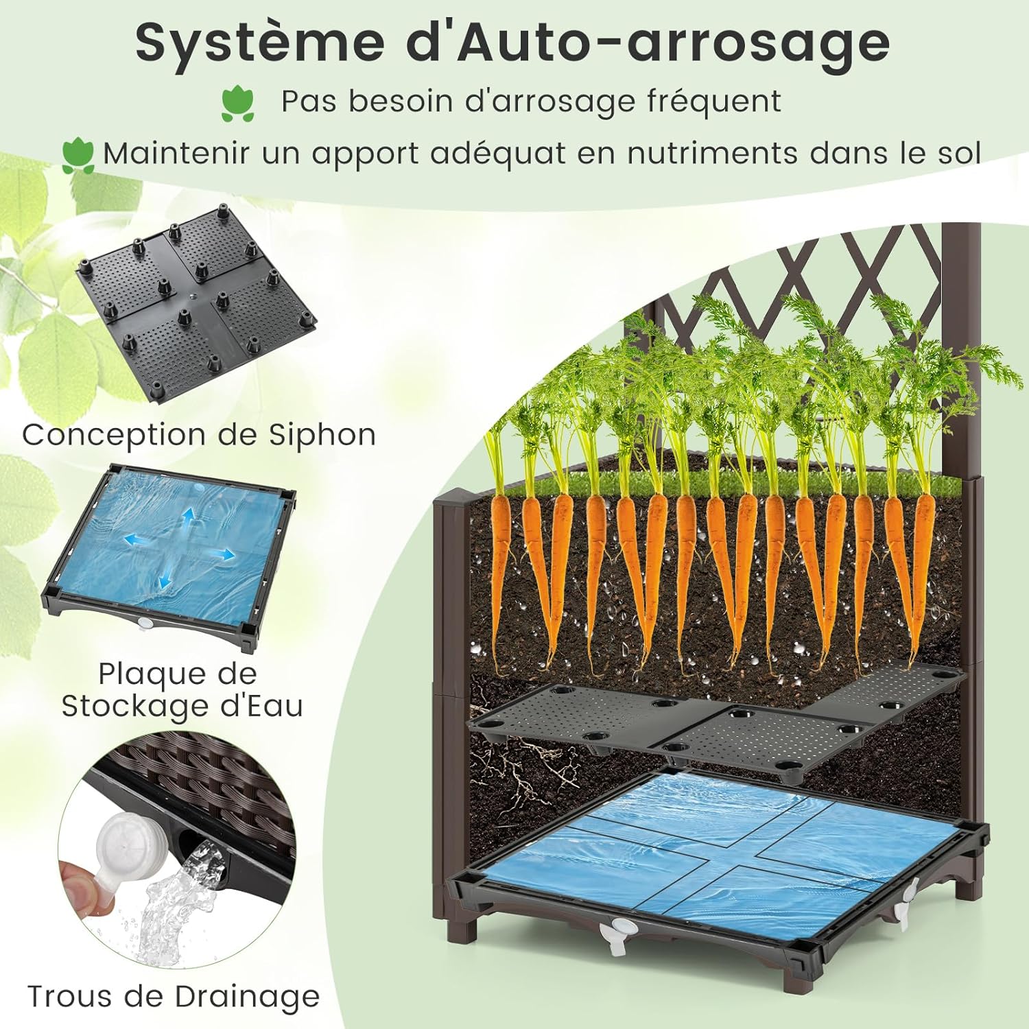 Jardinière avec Treillis sur Pied, Bac de Plantation Auto-arrosage en Rotin PP avec Trou de Drainage, Légumes, Fleurs, Café, 40 x 40 x 140 cm - 5