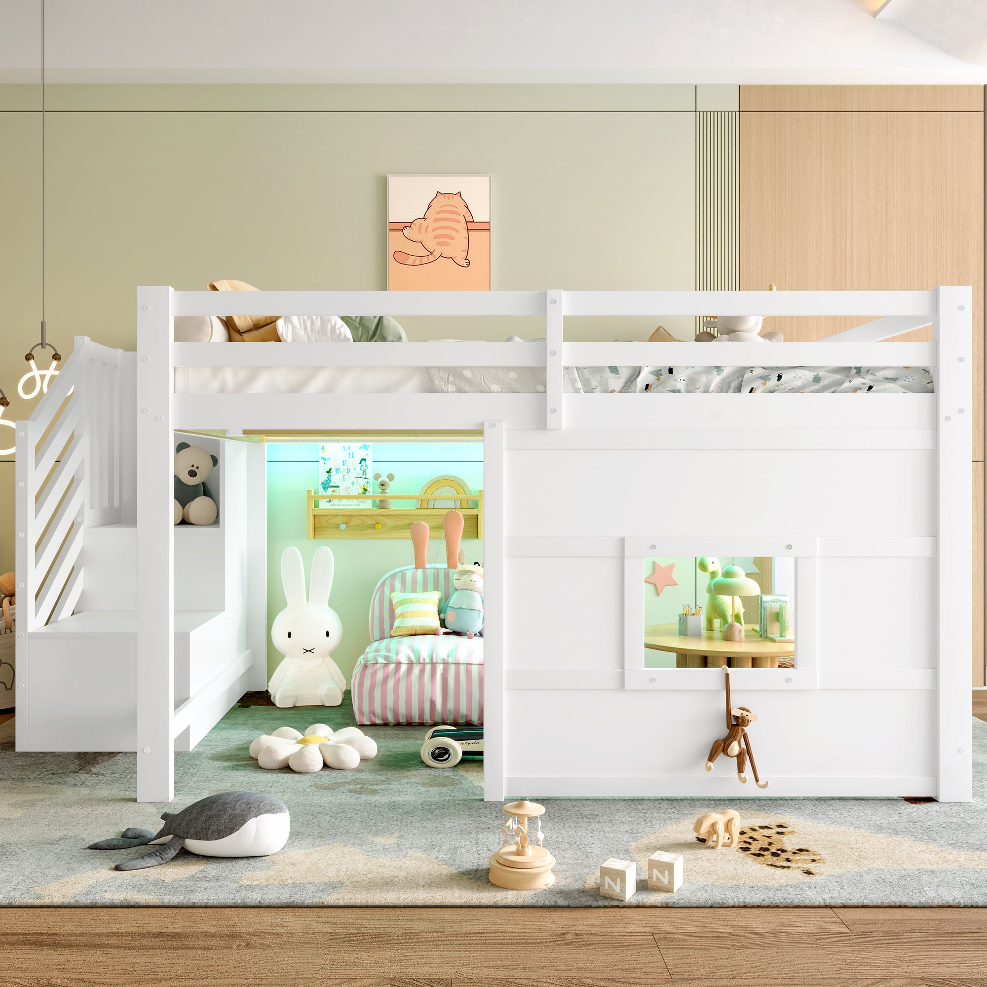 Lit mezzanine 140 x 200 cm avec escalier de rangement et fenêtre - MDF + pin - Blanc (Sans matelas) - 2