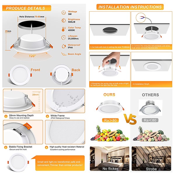 Confezione da 10 Faretti LED da Incasso, 5W Lumen Equivalenti a 50W Incandescente, Bianco 4000K, Ultra Piatti, per Bagno, Cucina, Soggiorno, Corridoio - 5