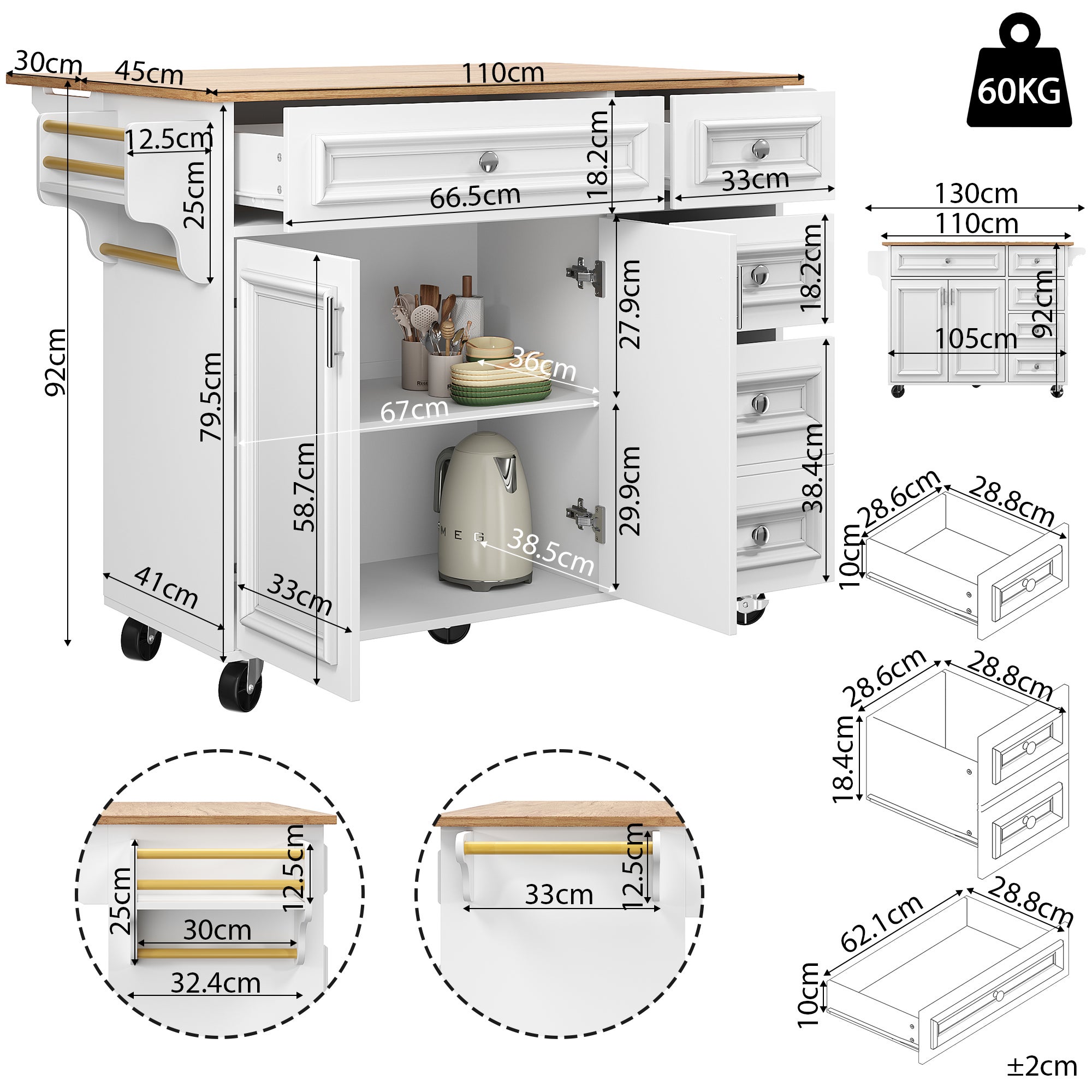 Ilot central de cuisine moderne 130x45x92cm - 5 tiroirs et 2 portes - plateau extensible - avec roulettes - Blanc - 3