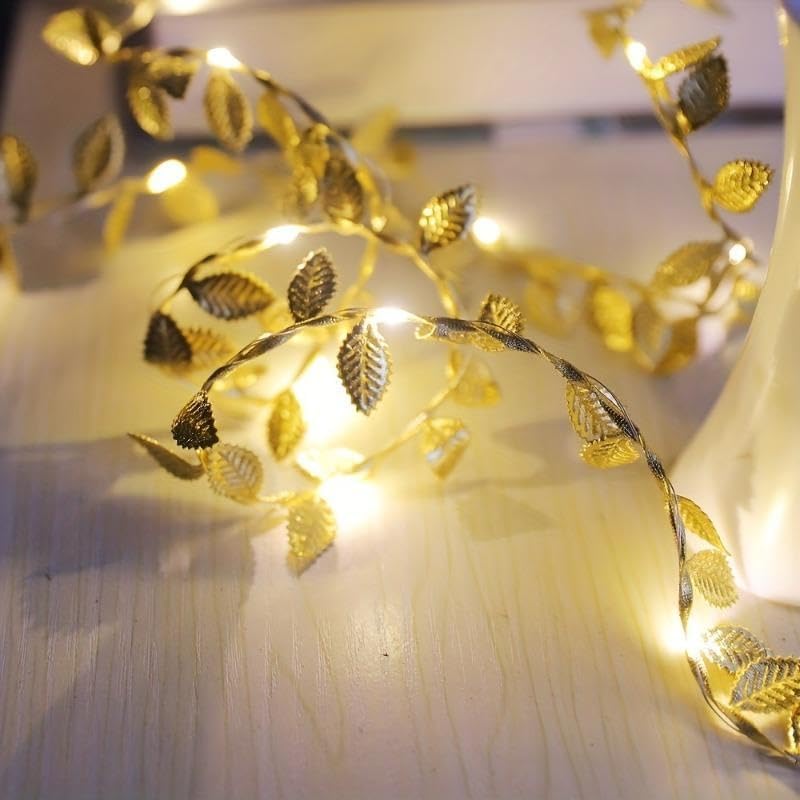 Guirlande lumineuse feuille d'or - 5 mètres, 50 LED - Fonctionne avec piles - Décoration d'automne - Lumière blanche chaude - 4