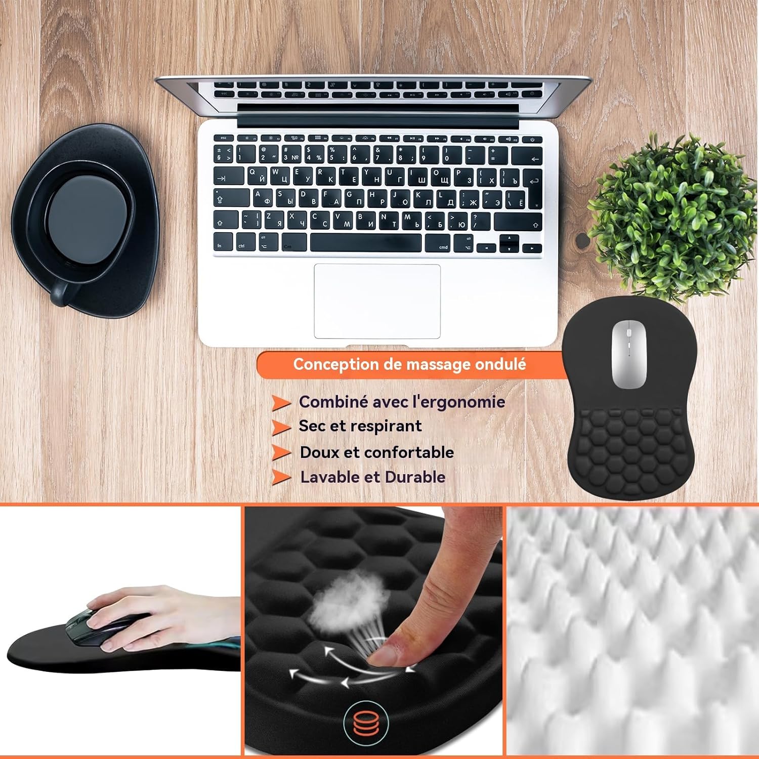 Ergonomiczna podkładka pod mysz z podpórką pod nadgarstek, wyposażona w piankę memory foam i antypoślizgową gumową podstawę - 4