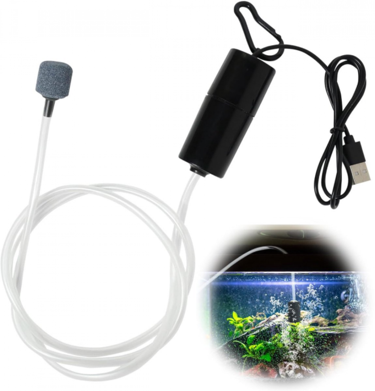 Mini pompka powietrza USB do akwarium - Napowietrzacz 1 W - Do wody słodkiej/morskiej - Z dyfuzorem i rurką silikonową