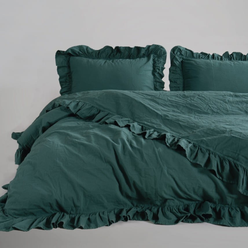 Pościel bawełniana z falbanką 160x200 Stonewashed Exclusive, Dark Green, zieleń butelkowa - Limasso