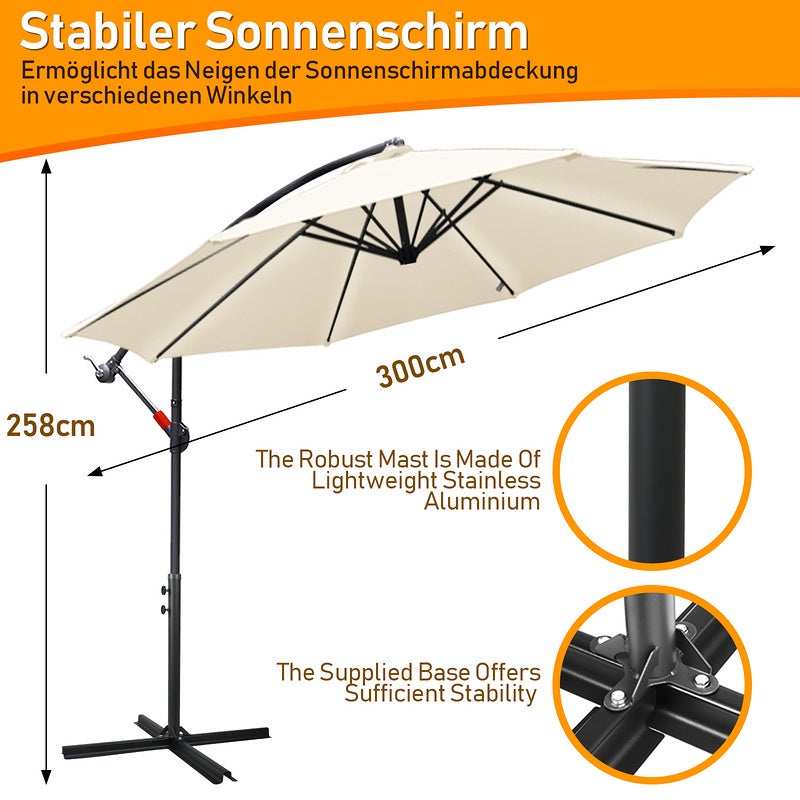 Ø300cm Alu Parasol Parapluie avec manivelle Parasols de balcon UV30+ protection solaire Parasols de jardin pour patio balcon, Beige - 2
