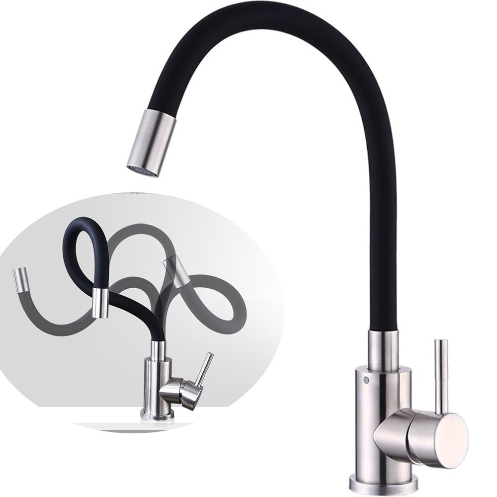 Czarny, elastyczny kran kuchenny, kran zlewozmywakowy ze spryskiwaczem wody, obrotowy kran mieszaczowy 360°, stal nierdzewna, oszczędzający wodę.