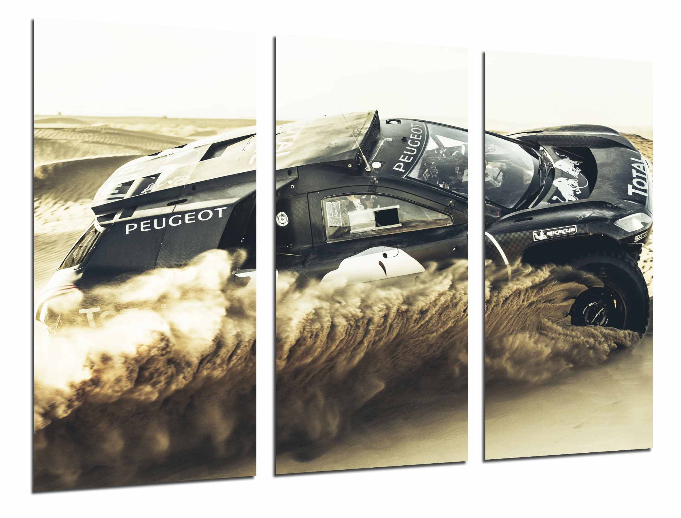 Coche peugeot carreras rally sobre duna en el desierto, impresión fotográfica sobre madera, cuadro moderno decorativo