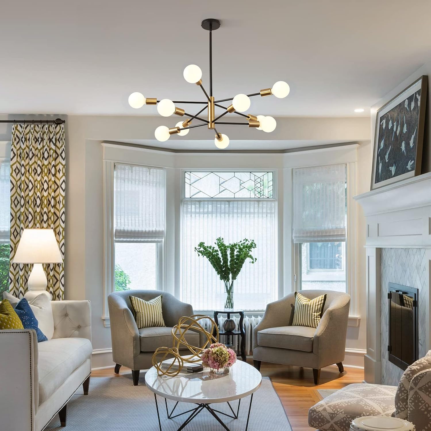 Żyrandol vintage Sputnik, lampa wisząca z 10 żarówkami, lampa sufitowa w stylu industrialnym, nowoczesny żyrandol, czarno-złoty (bez białej żarówki) - 3