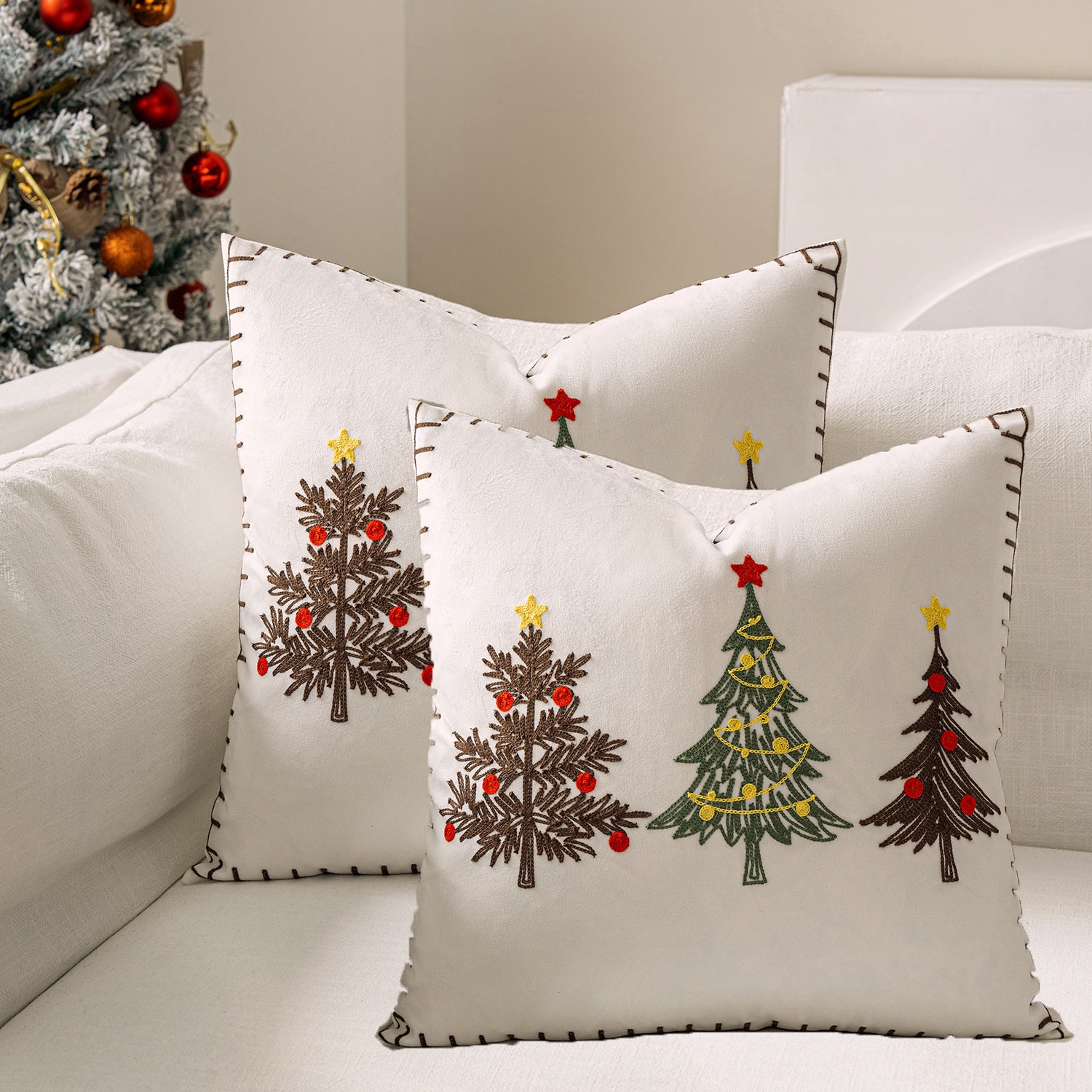 Lot De 4 Housses De Coussin Noël 45x45 Cm - Tissu Lin, Motifs Sapins, Flocons - Décoration Salon, Chambre, Canapé