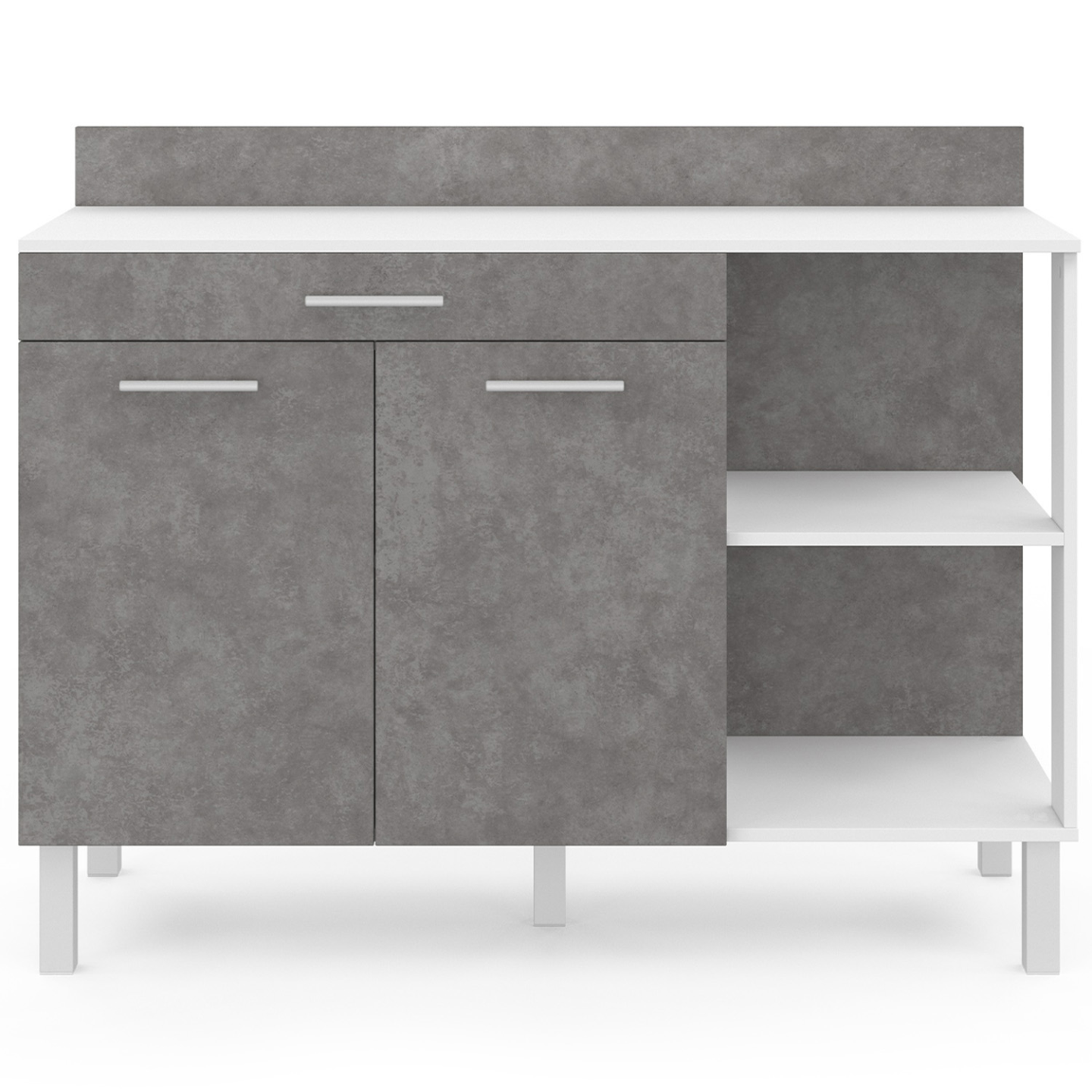Buffet bas de cuisine 120 cm CINA plan de travail H.83 cm 2 portes + tiroir blanc et effet béton - 3