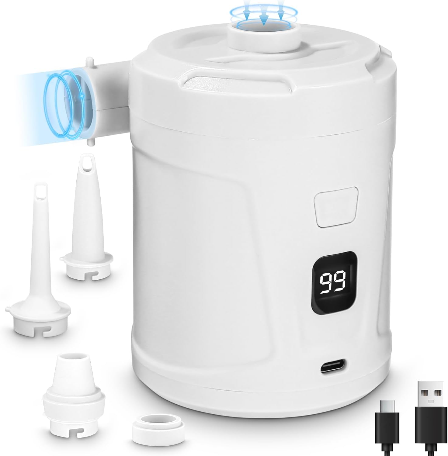 Elektryczna pompka powietrza, elektryczny inflator i deflator, akumulator 5200 mAh, pompka do materacy dmuchanych z 3 dyszami powietrza, szybkie pom