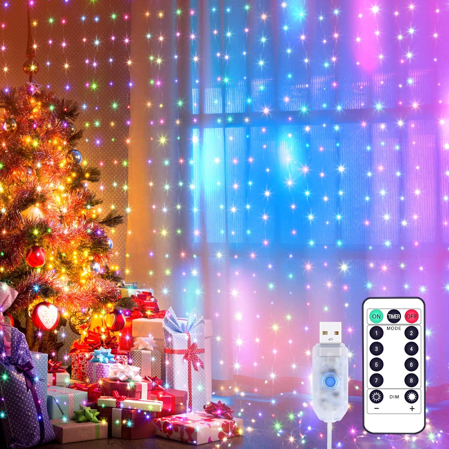 Kurtyna świetlna 3x3m łańcuch LED Kurtyna świetlna LED z 8 trybami, 300LED, wodoodporna dekoracja IP44 na Boże Narodzenie, dekoracja (kolorowa)