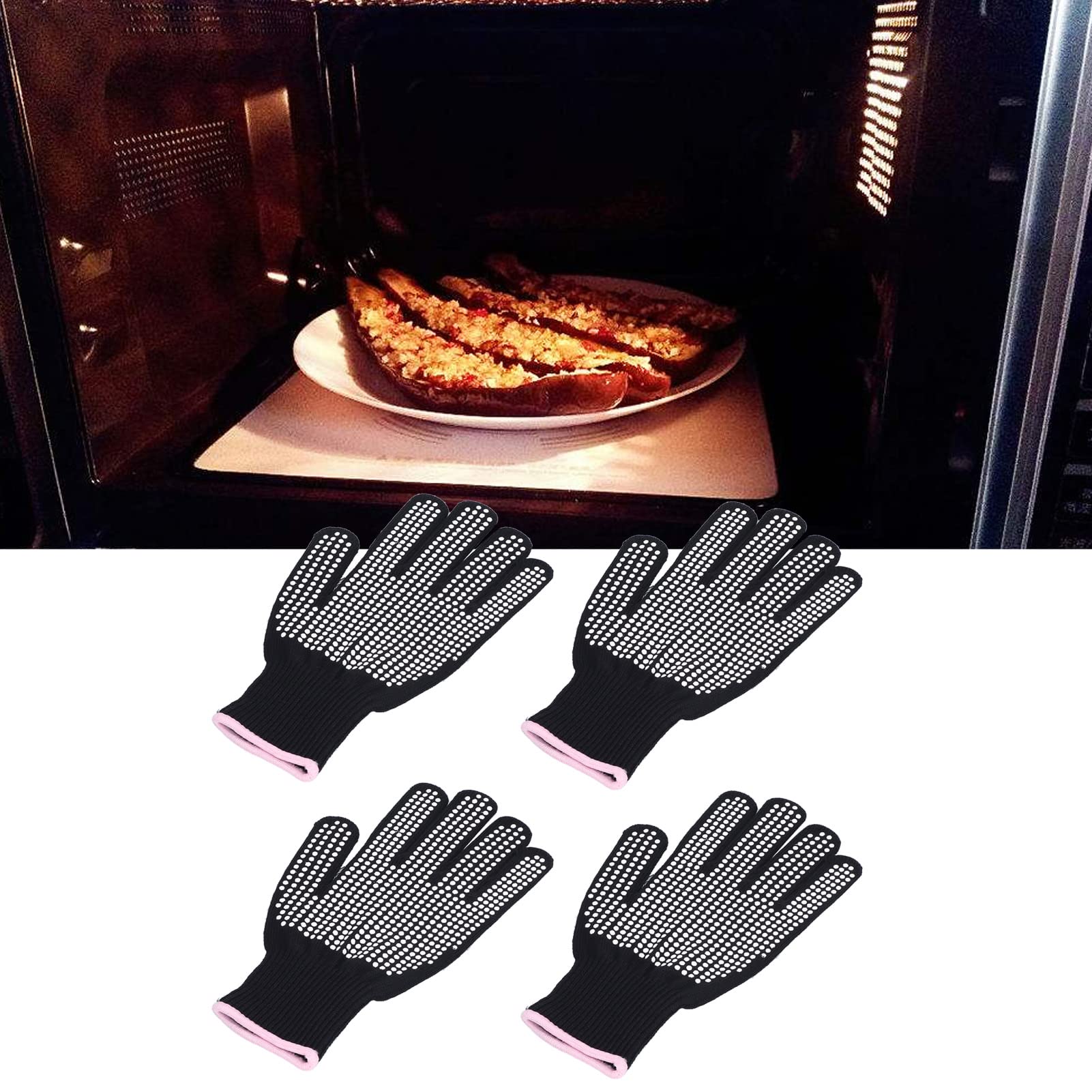 Lot de 4 gants résistants à la chaleur, mitaines anti-brûlures résistantes aux hautes températures avec bosses en silicone (bord en poudre de silicon - 6