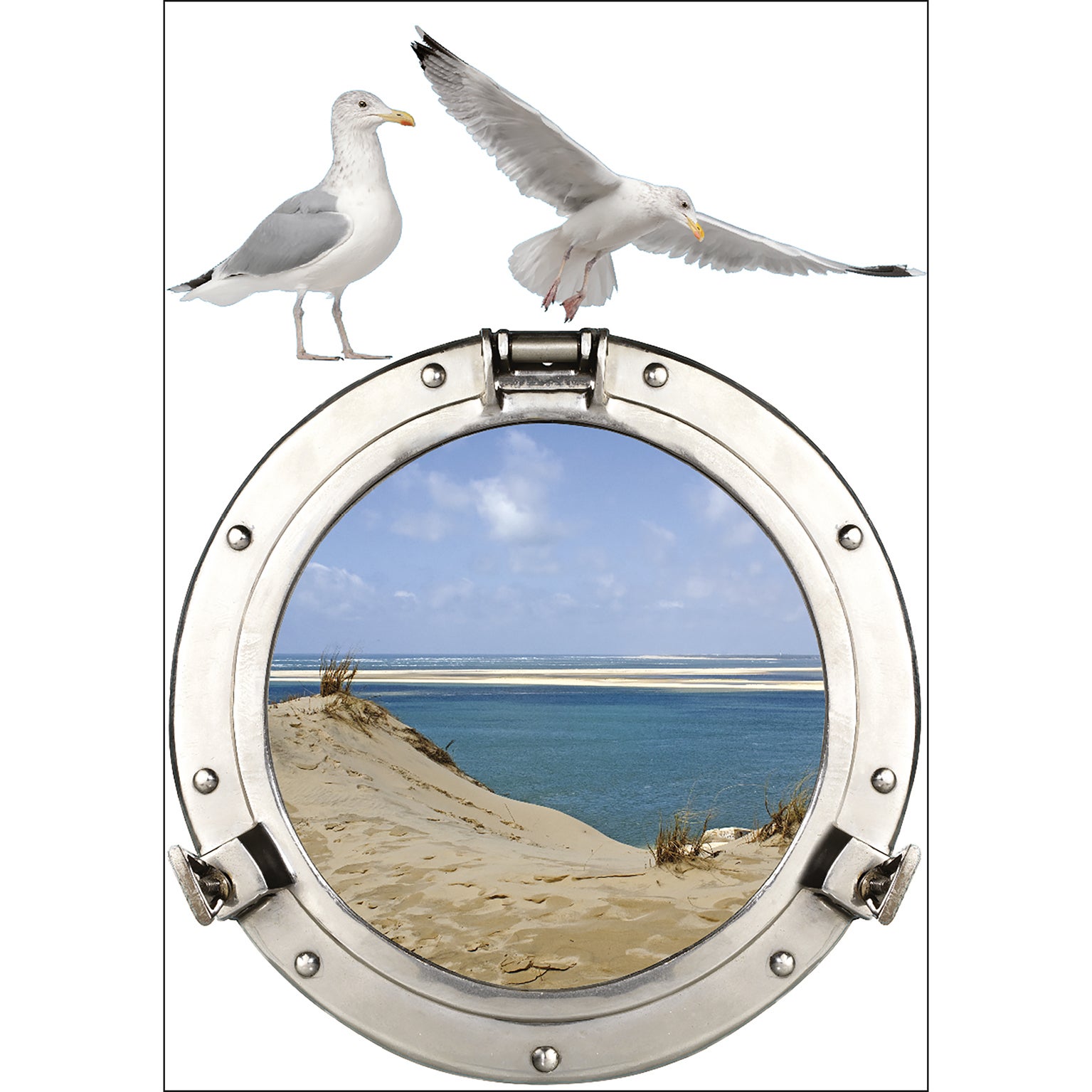 Ventana de pegatina decorativa en Trompe l'Oeil Effect 3d, foto de un buey visto en las dunas junto al mar, 68 cm x 48 cm - 2