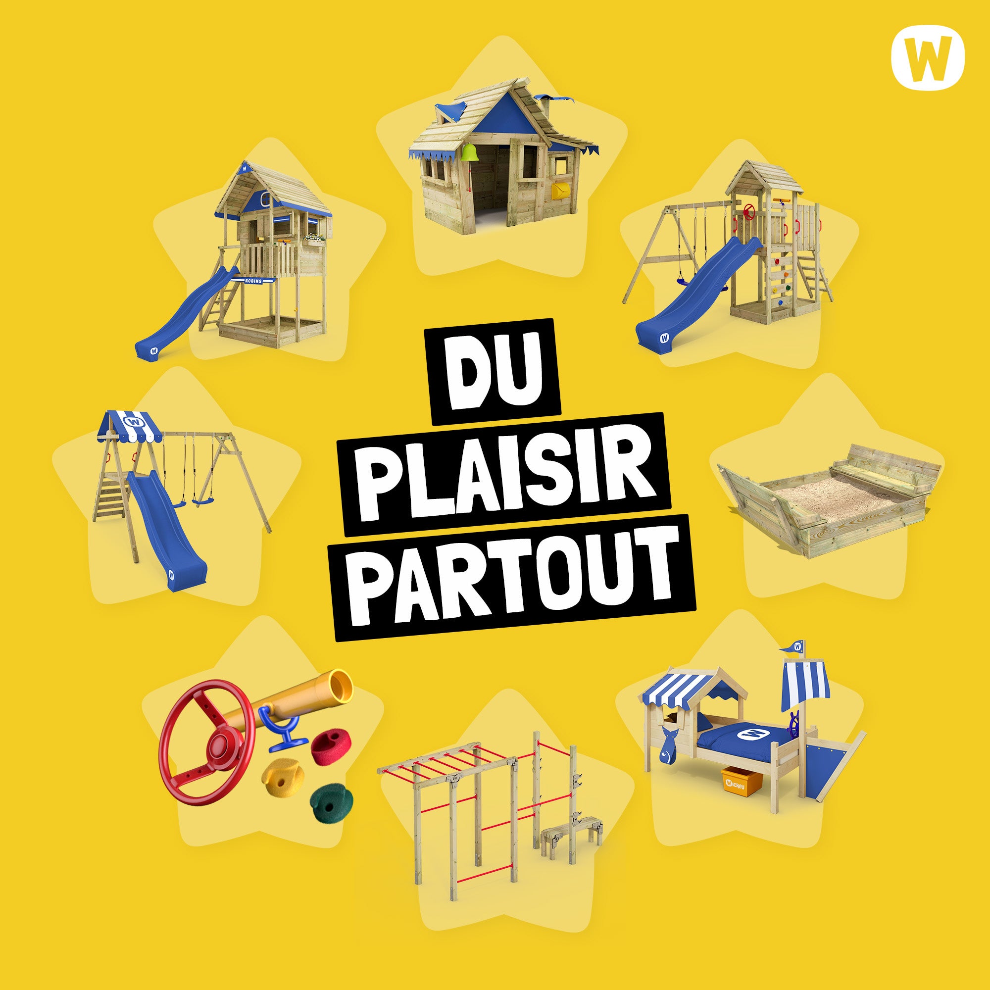 WICKEY Balançoire double Smart Hike en bois avec module d’escalade, 2 sièges réglables et accessoires rouges - 8