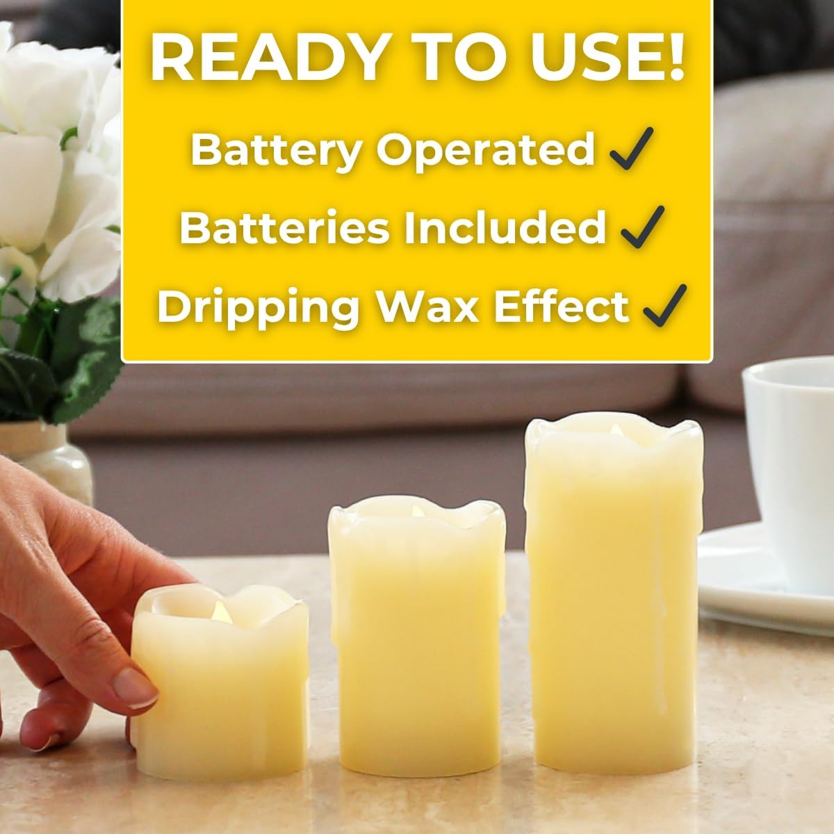 Lot de 3 Bougies LED Effet Flamme Vacillante en Cire Effet Fondu type Pilier Éclairage Ultra Réaliste (Piles Incluses) (Lot de 3) - 3