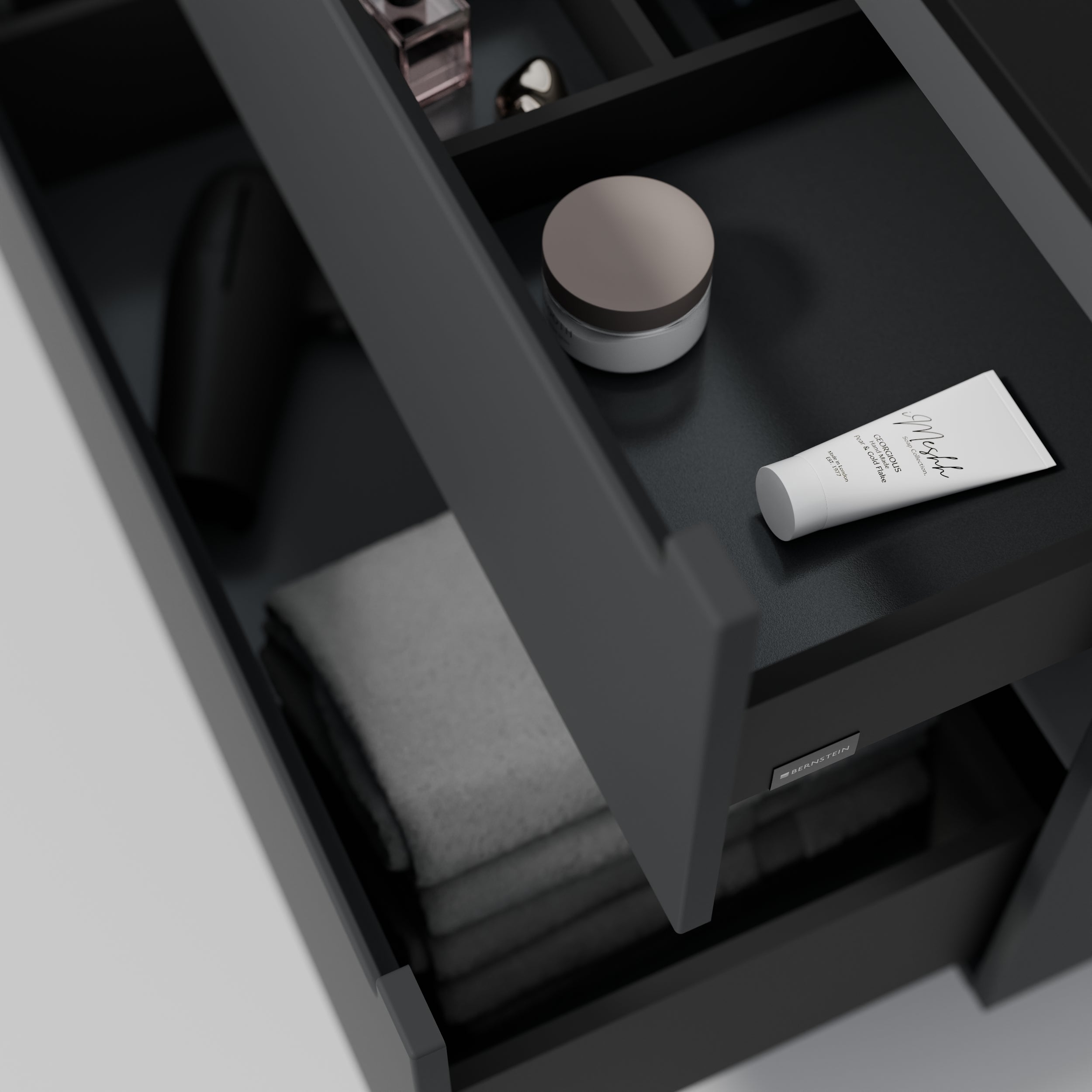 BERNSTEIN - Meuble double vasque suspendu MDF Anthracite mat, lavabos fonte Noir mat + trous robinet, tiroirs pivotants - 160x46x62cm - VIREO - 6