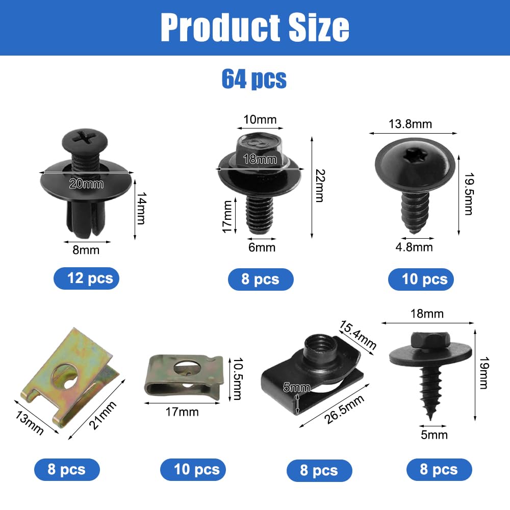 Kit 170 Clip A U E Viti Per Auto – 9 Misure Diverse Per Paraurti, Cruscotto, Pannelli Porta