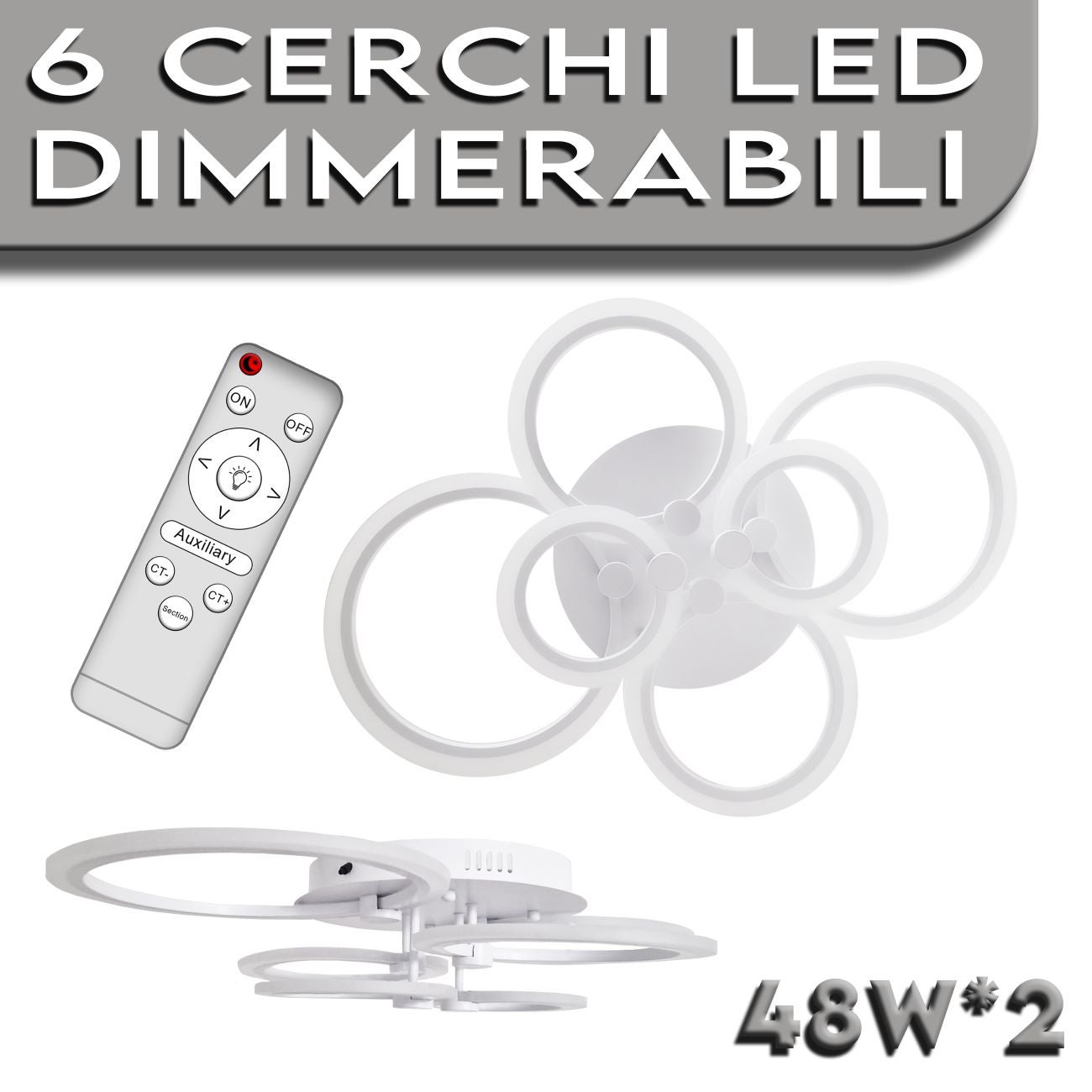 Lampadario Plafoniera LED dimmerabile cambio colore Maka 3000K 4000K 6500K 8640 LM 48Wx2 luminoso regolabile telecomando cucina soggiorno 6 Cerchi - 2