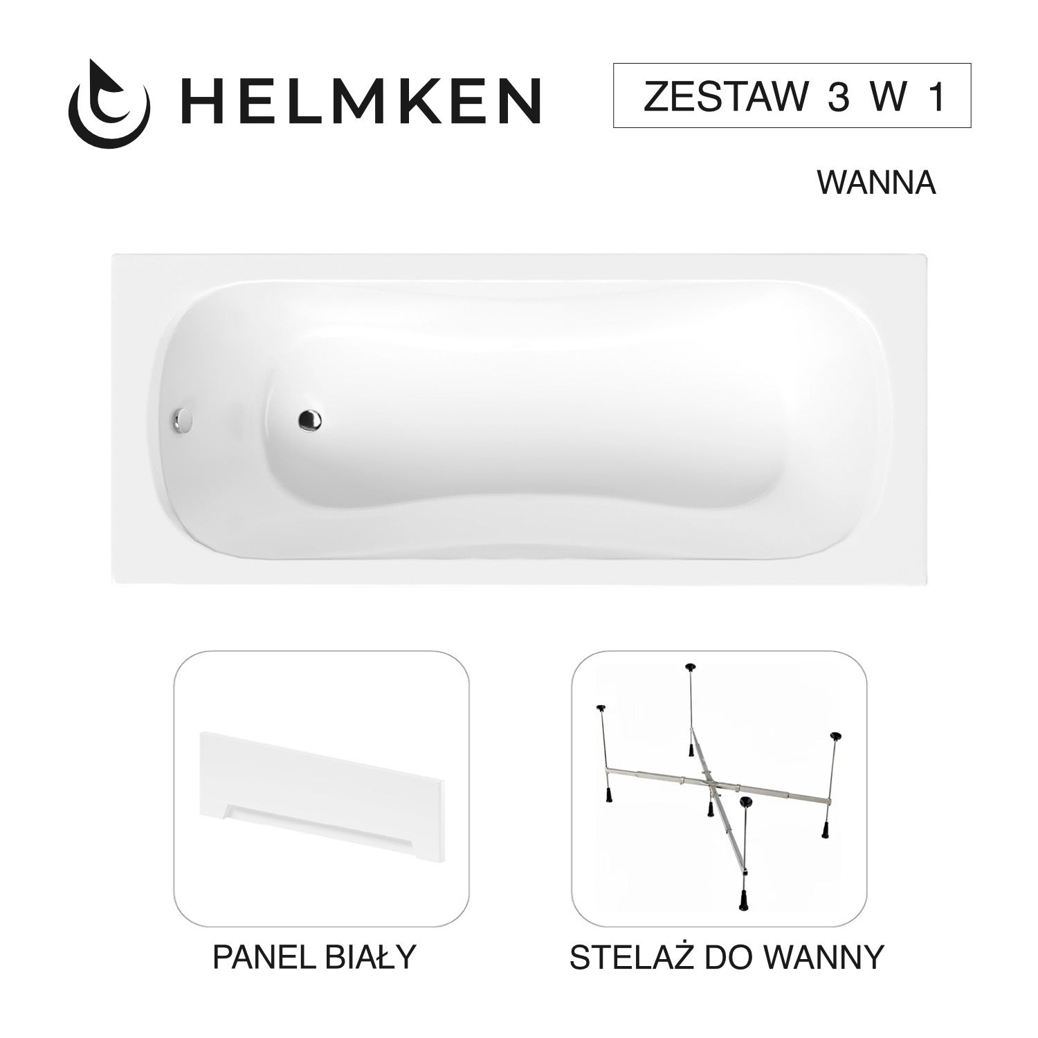 Wanna akrylowa Helmken Edelva 160 х 70 + Panel Biały + Stelaż uniwersalny do wanien Helmken 21230020 / 23094004-3S