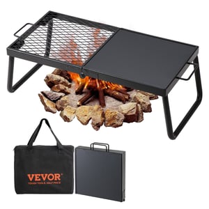 VEVOR Gril de Feu de Camp Pliable en Acier 57x28,5x23 cm Grille de Cuisson Demi-Grille Demi-Plaque pour Foyer BBQ Pique-Nique Jardin Balcon Camping