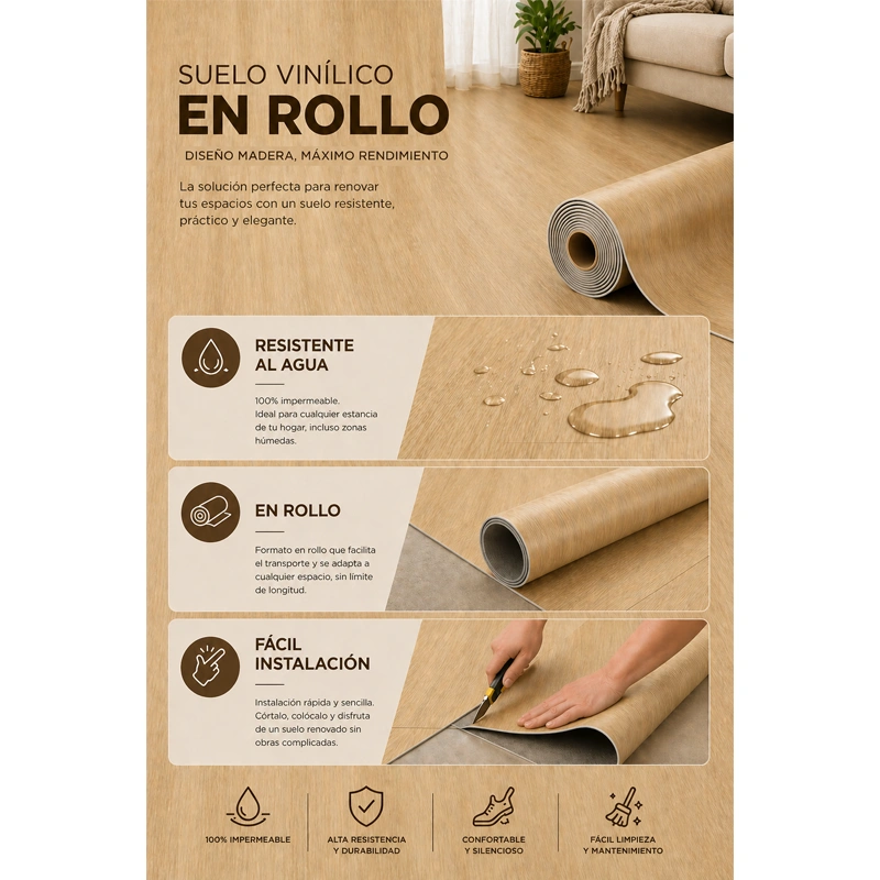 Arquiservi - Suelo Sintasol Vinílico en Rollo 1x25m (25m²) para Dormitorios y Habitaciones. Impermeable, flexible, antideslizante. Roble Natural - 3