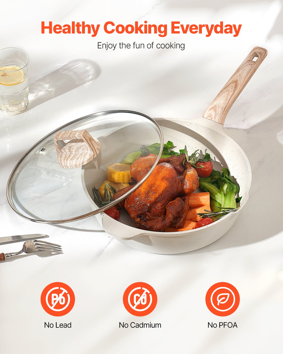 Batería de Cocina 17 pcs,VEVOR Sartenes y Ollas Inducción,Revestimiento Antiadherente Granito,Tapas de Vidrio Templado,Fritura,Salsa,Salteado - 3