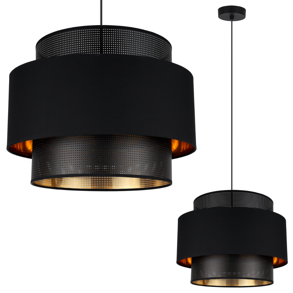 Lampa sufitowa wisząca Asti Trio czarna glamour 1xE27 abażur okrągły 40cm czarny/złoty siatka tkanina Light Home LH
