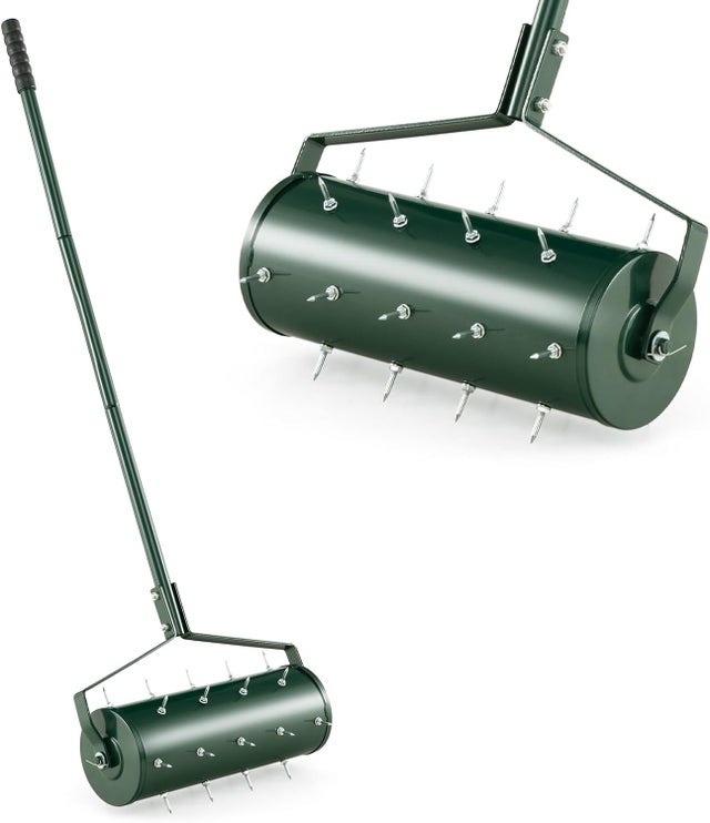 Rullo Scarificatore, Riempibile con Sabbia o Sassolini, Telaio Metallico, con Manico Lungo Antiscivolo, Verde (130 x 45 cm)