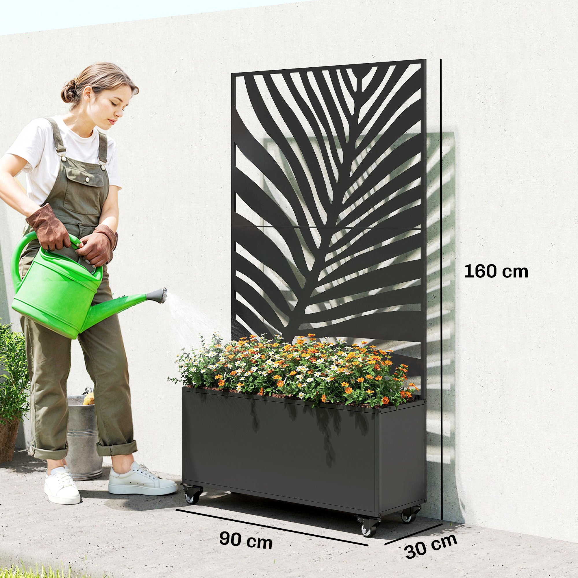 Jardinière avec treillis - Outsunny - avec brise-vue et roulettes verrouillables - pour plantes grimpantes - 90 x 30 x 160 cm, noir - 3