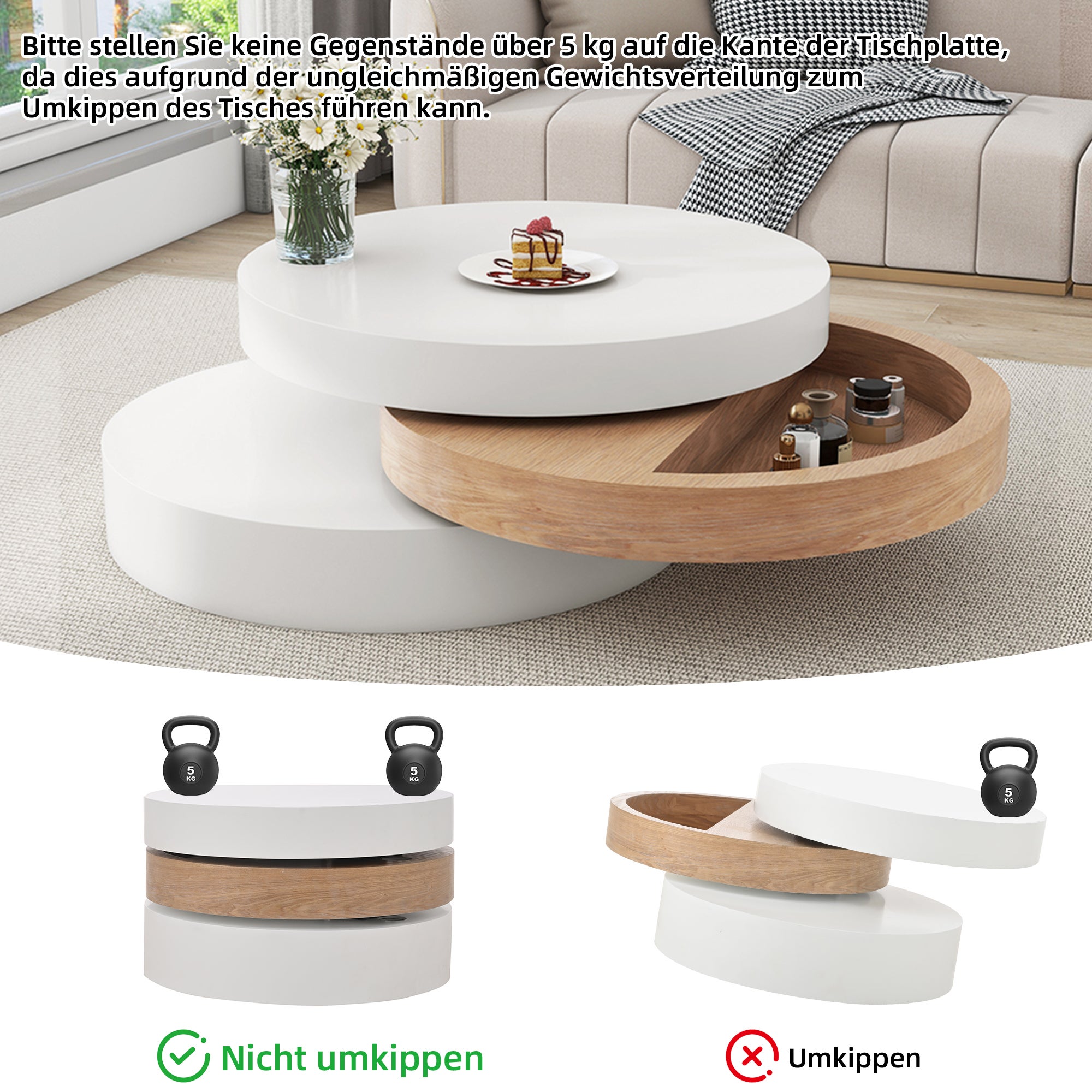 Table basse cylindrique de 60 × 60 × 35,1 cm, table supérieure tournant librement à 360°, table tournante de salon, canapé triple, 3 rangements - 3