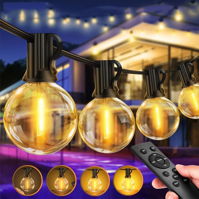 Luzes de corda externas reguláveis, luzes de corda externas de 30 m com controle remoto e 50+2G40 lâmpadas LED, IP44 à prova d'água